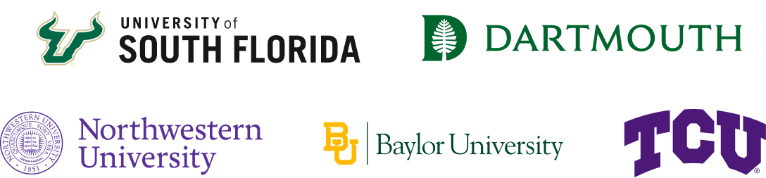 Logos of University of South Florida, Northwestern, Dartmouth and Baylor University